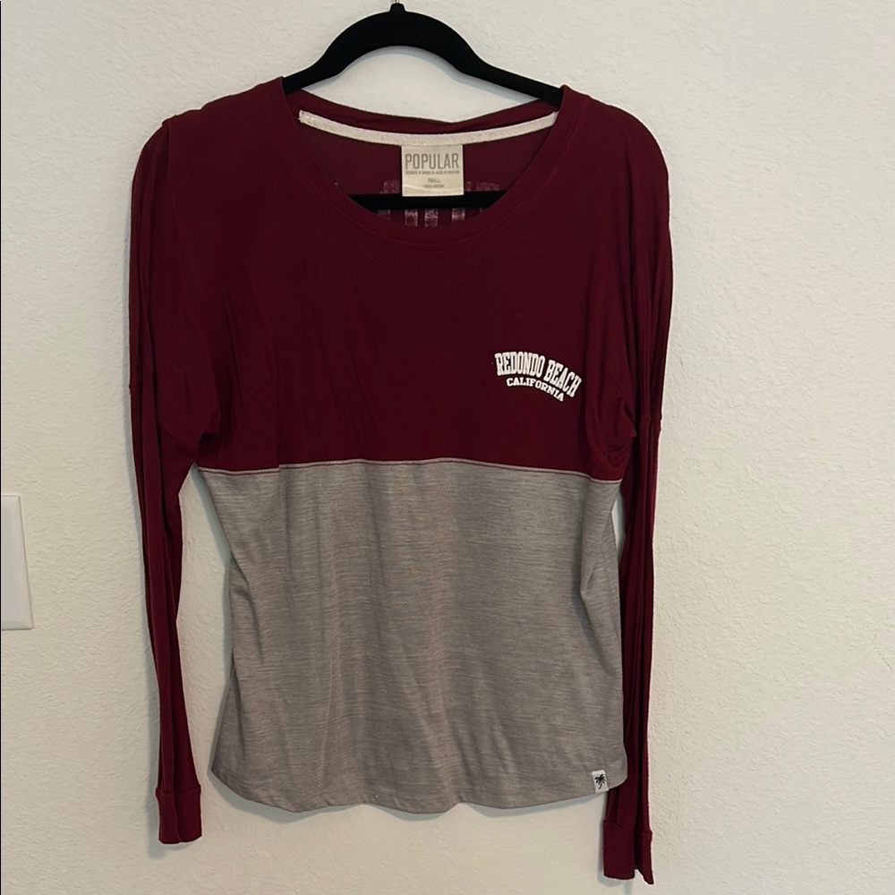 Popular Gray and Maroon Color Block Long Sleeve Shirt